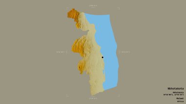 Nkhotakota bölgesi, Malawi bölgesi, katı bir arka planda izole edilmiş bir sınır kutusunda. Etiketler. Topografik yardım haritası. 3B görüntüleme