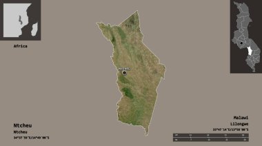 Ntcheu 'nun şekli, Malawi ilçesi ve başkenti. Uzaklık ölçeği, ön gösterimler ve etiketler. Uydu görüntüleri. 3B görüntüleme