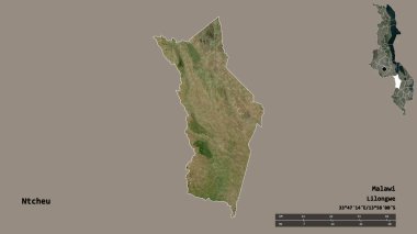 Malawi 'nin Ntcheu ilçesi, başkenti sağlam arka planda izole edilmiştir. Uzaklık ölçeği, bölge önizlemesi ve etiketleri. Uydu görüntüleri. 3B görüntüleme
