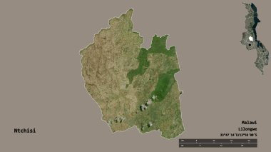 Malawi 'nin Ntchisi ilçesi, başkenti sağlam arka planda izole edilmiştir. Uzaklık ölçeği, bölge önizlemesi ve etiketleri. Uydu görüntüleri. 3B görüntüleme