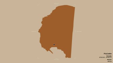 Phalombe bölgesi, Malawi bölgesi, katı bir arka planda izole edilmiş bir sınır kutusunda. Etiketler. Desenli dokuların bileşimi. 3B görüntüleme