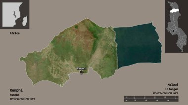 Rumphi 'nin şekli, Malawi bölgesi ve başkenti. Uzaklık ölçeği, ön gösterimler ve etiketler. Uydu görüntüleri. 3B görüntüleme