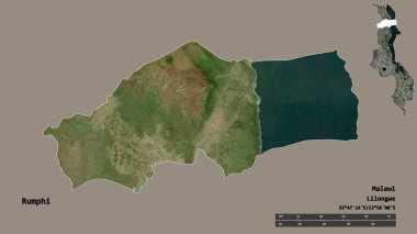 Malawi 'nin Rumphi ilçesi, başkenti sağlam arka planda izole edilmiştir. Uzaklık ölçeği, bölge önizlemesi ve etiketleri. Uydu görüntüleri. 3B görüntüleme