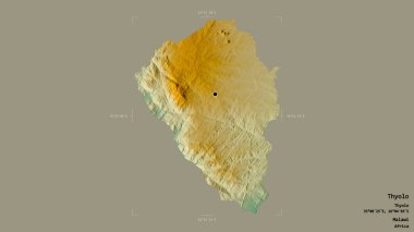 Thyolo bölgesi, Malavi bölgesi, jeoreferatlı bir sınır kutusunda sağlam bir arka planda izole edilmiş. Etiketler. Topografik yardım haritası. 3B görüntüleme