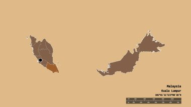 Başkenti, ana bölgesel bölümü ve ayrılmış Johor bölgesiyle Malezya 'nın dejenere edilmiş şekli. Etiketler. Düzenli desenli dokuların bileşimi. 3B görüntüleme