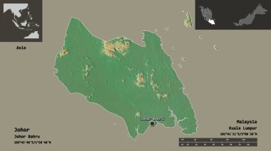 Johor 'un şekli, Malezya eyaleti ve başkenti. Uzaklık ölçeği, ön gösterimler ve etiketler. Topografik yardım haritası. 3B görüntüleme