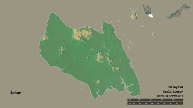 Johor 'un şekli, Malezya eyaleti, sermayesi sağlam arka planda izole edilmiş. Uzaklık ölçeği, bölge önizlemesi ve etiketleri. Topografik yardım haritası. 3B görüntüleme