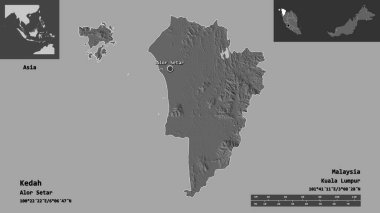 Kedah 'nın şekli, Malezya eyaleti ve başkenti. Uzaklık ölçeği, ön gösterimler ve etiketler. Çift seviyeli yükseklik haritası. 3B görüntüleme