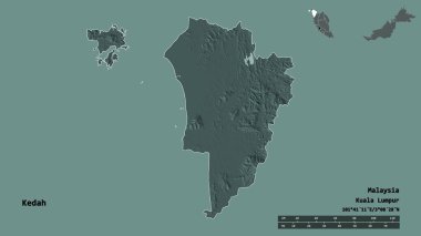 Kedah 'nın şekli, Malezya eyaleti, sermayesi sağlam arka planda izole edilmiş. Uzaklık ölçeği, bölge önizlemesi ve etiketleri. Renkli yükseklik haritası. 3B görüntüleme