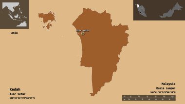Kedah 'nın şekli, Malezya eyaleti ve başkenti. Uzaklık ölçeği, ön gösterimler ve etiketler. Düzenli desenli dokuların bileşimi. 3B görüntüleme