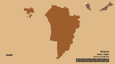 Kedah 'nın şekli, Malezya eyaleti, sermayesi sağlam arka planda izole edilmiş. Uzaklık ölçeği, bölge önizlemesi ve etiketleri. Düzenli desenli dokuların bileşimi. 3B görüntüleme