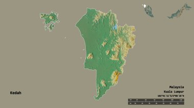 Kedah 'nın şekli, Malezya eyaleti, sermayesi sağlam arka planda izole edilmiş. Uzaklık ölçeği, bölge önizlemesi ve etiketleri. Topografik yardım haritası. 3B görüntüleme