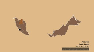 Başkenti, ana bölgesel bölümü ve ayrılmış Kelantan bölgesiyle Malezya 'nın dejenere edilmiş şekli. Etiketler. Düzenli desenli dokuların bileşimi. 3B görüntüleme