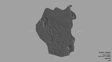 Kuala Lumpur bölgesi, Malezya federal bölgesi, katı bir arka planda izole edilmiş bir sınır kutusunda. Etiketler. Çift seviyeli yükseklik haritası. 3B görüntüleme