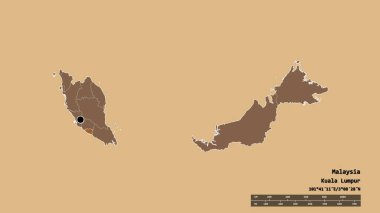 Başkenti, ana bölgesel bölümü ve ayrılmış Melaka bölgesiyle Malezya 'nın dejenere edilmiş şekli. Etiketler. Düzenli desenli dokuların bileşimi. 3B görüntüleme