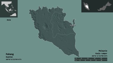 Pahang 'ın şekli, Malezya eyaleti ve başkenti. Uzaklık ölçeği, ön gösterimler ve etiketler. Renkli yükseklik haritası. 3B görüntüleme