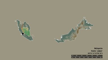 Başkenti, ana bölgesel bölümü ve ayrılmış Pahang bölgesi ile Malezya 'nın dejenere edilmiş şekli. Etiketler. Topografik yardım haritası. 3B görüntüleme