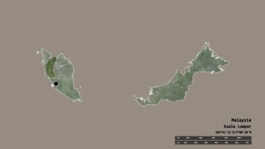 Başkenti, ana bölgesel bölümü ve ayrılmış Perak bölgesiyle Malezya 'nın dejenere edilmiş şekli. Etiketler. Uydu görüntüleri. 3B görüntüleme
