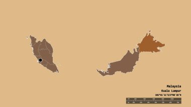 Başkenti, ana bölgesel bölümü ve ayrılan Sabah bölgesi ile Malezya 'nın dejenere edilmiş şekli. Etiketler. Düzenli desenli dokuların bileşimi. 3B görüntüleme