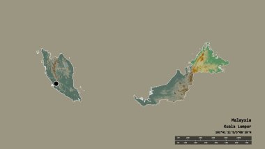 Başkenti, ana bölgesel bölümü ve ayrılan Sabah bölgesi ile Malezya 'nın dejenere edilmiş şekli. Etiketler. Topografik yardım haritası. 3B görüntüleme