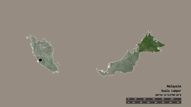 Başkenti, ana bölgesel bölümü ve ayrılan Sabah bölgesi ile Malezya 'nın dejenere edilmiş şekli. Etiketler. Uydu görüntüleri. 3B görüntüleme
