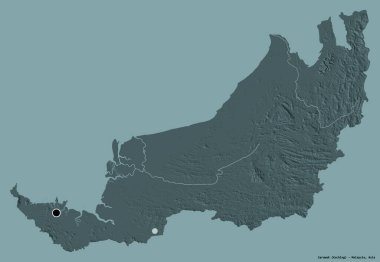 Sarawak 'ın şekli, Malezya eyaleti, başkenti katı bir renk arkaplanı ile izole edilmiş. Renkli yükseklik haritası. 3B görüntüleme
