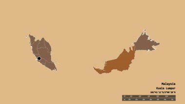 Başkenti, ana bölgesel bölümü ve bölünmüş Sarawak bölgesiyle Malezya 'nın dejenere edilmiş şekli. Etiketler. Düzenli desenli dokuların bileşimi. 3B görüntüleme