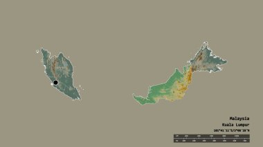 Başkenti, ana bölgesel bölümü ve bölünmüş Sarawak bölgesiyle Malezya 'nın dejenere edilmiş şekli. Etiketler. Topografik yardım haritası. 3B görüntüleme