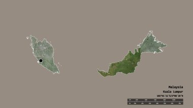 Başkenti, ana bölgesel bölümü ve bölünmüş Sarawak bölgesiyle Malezya 'nın dejenere edilmiş şekli. Etiketler. Uydu görüntüleri. 3B görüntüleme