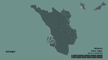 Selangor 'un şekli, Malezya eyaleti, sermayesi sağlam arka planda izole edilmiş. Uzaklık ölçeği, bölge önizlemesi ve etiketleri. Renkli yükseklik haritası. 3B görüntüleme
