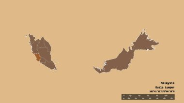 Başkenti, ana bölgesel bölümü ve ayrılan Selangor bölgesi ile Malezya 'nın dejenere edilmiş şekli. Etiketler. Düzenli desenli dokuların bileşimi. 3B görüntüleme