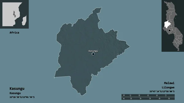 马拉维Kasungu地区的形状及其首都 距离刻度 预览和标签 彩色高程图 3D渲染 — 图库照片