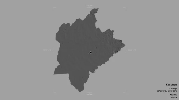 マラウィのカサング地区は 洗練された境界線の箱の中にしっかりとした背景に隔離されています ラベル 標高マップ 3Dレンダリング — ストック写真