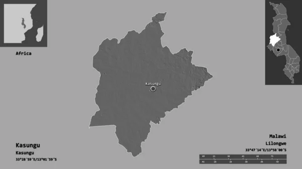 マラウィ地方のカサングとその首都の形 距離スケール プレビューおよびラベル 標高マップ 3Dレンダリング — ストック写真