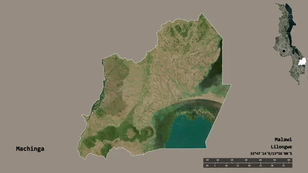 マチンガの形 マラウィの地区 その首都はしっかりとした背景に隔離されています 距離スケール リージョンプレビュー およびラベル 衛星画像 3Dレンダリング — ストック写真