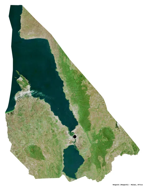 马拉维地区Mangochi的形状 其首都被白色背景隔离 卫星图像 3D渲染 — 图库照片