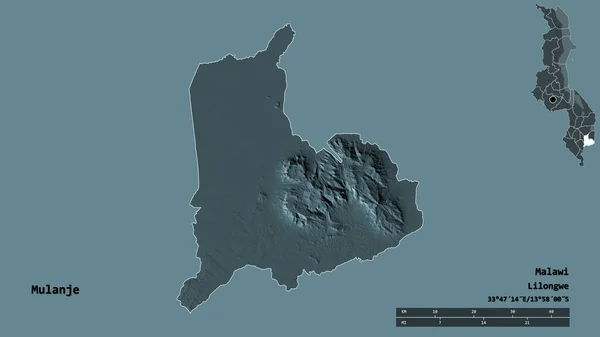 マラウィ地方のMulanjeの形で その首都はしっかりとした背景に隔離されています 距離スケール リージョンプレビュー およびラベル 色の標高マップ 3Dレンダリング — ストック写真