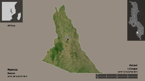 Shape of Mwanza, district of Malawi, and its capital. Distance scale