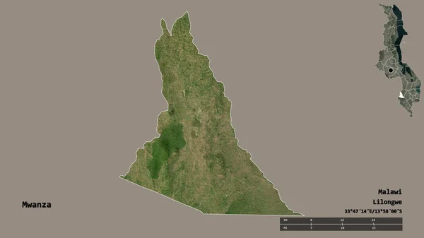 マラウィ地方のムワンザの形で その首都はしっかりとした背景に孤立しています 距離スケール リージョンプレビュー およびラベル 衛星画像 3Dレンダリング — ストック写真