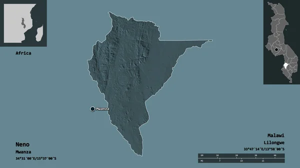ニノの形 マラウィの地区 そしてその首都 距離スケール プレビューおよびラベル 色の標高マップ 3Dレンダリング — ストック写真