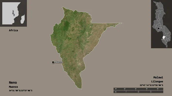 ニノの形 マラウィの地区 そしてその首都 距離スケール プレビューおよびラベル 衛星画像 3Dレンダリング — ストック写真