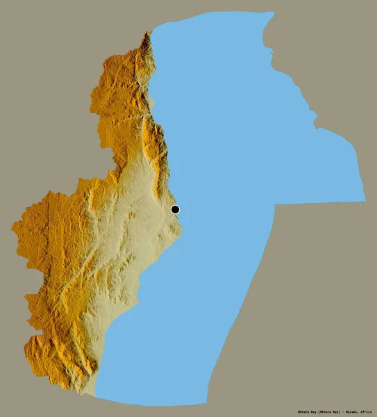 Shape of Nkhata Bay, district of Malawi, with its capital isolated on a solid color background. Topographic relief map. 3D rendering