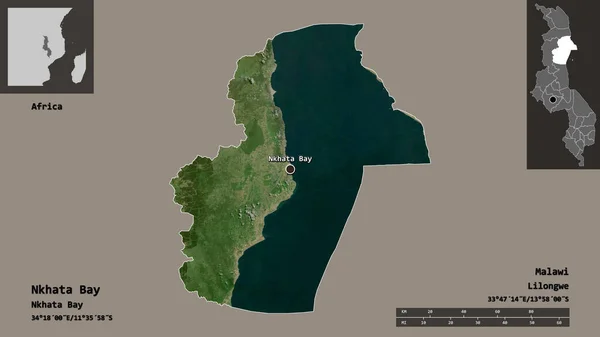 ンハタベイの形状 マラウィの地区 およびその首都 距離スケール プレビューおよびラベル 衛星画像 3Dレンダリング — ストック写真