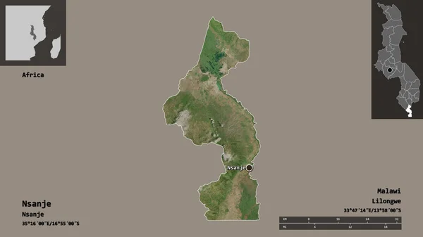 マラウイ郡ナンジェの形 およびその首都 距離スケール プレビューおよびラベル 衛星画像 3Dレンダリング — ストック写真
