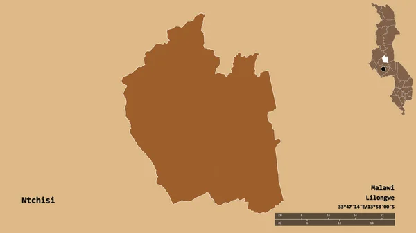 マラウィ地方のNtchisiの形で その首都はしっかりとした背景に隔離されています 距離スケール リージョンプレビュー およびラベル 規則的にパターン化されたテクスチャの構成 3Dレンダリング — ストック写真