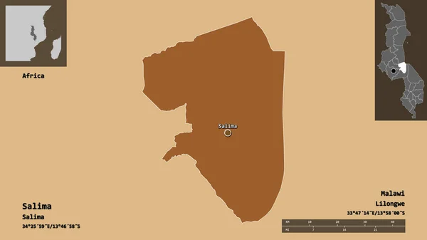 サリマの形 マラウィの地区 その首都 距離スケール プレビューおよびラベル 規則的にパターン化されたテクスチャの構成 3Dレンダリング — ストック写真