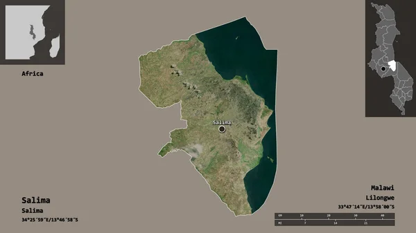 马拉维Salima地区的形状及其首都 距离刻度 预览和标签 卫星图像 3D渲染 — 图库照片