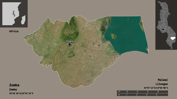 モンバの形 マラウィの地区 そしてその首都 距離スケール プレビューおよびラベル 衛星画像 3Dレンダリング — ストック写真