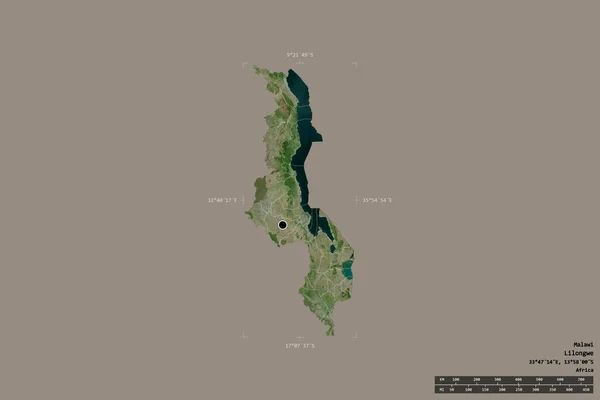 马拉维的一个区域在一个地理参照框的坚实背景上被隔离 主要区域分部 距离标度 卫星图像 3D渲染 — 图库照片