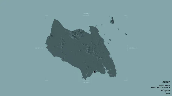 马来西亚柔佛州柔佛州的一个区域 在一个地理参照框的坚实背景下被隔离 彩色高程图 3D渲染 — 图库照片